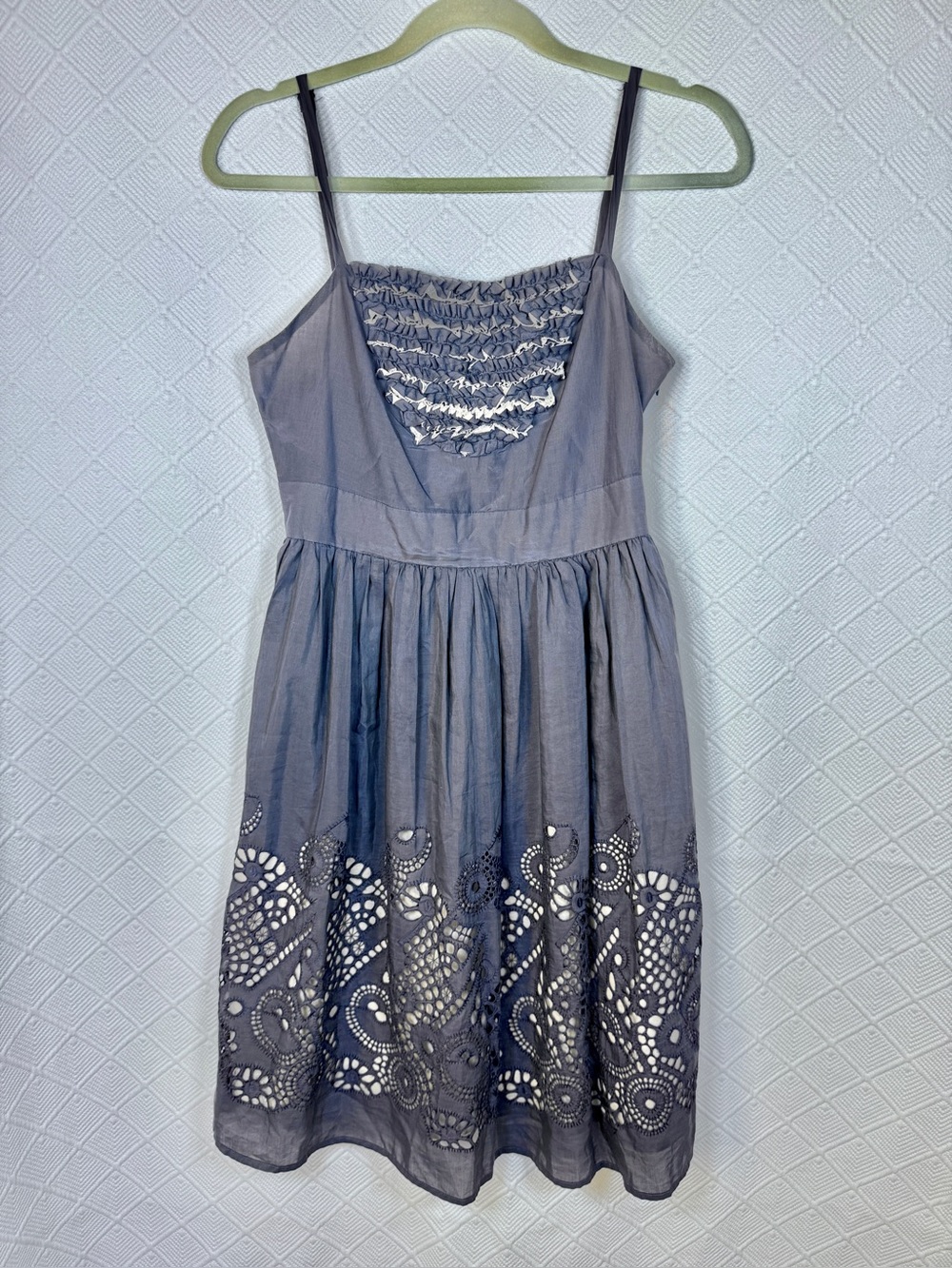 Burlapp Fit-and-Flare Grey Blue Silk Cotton Eyelet Dress Ruffled Bodice 4 Party